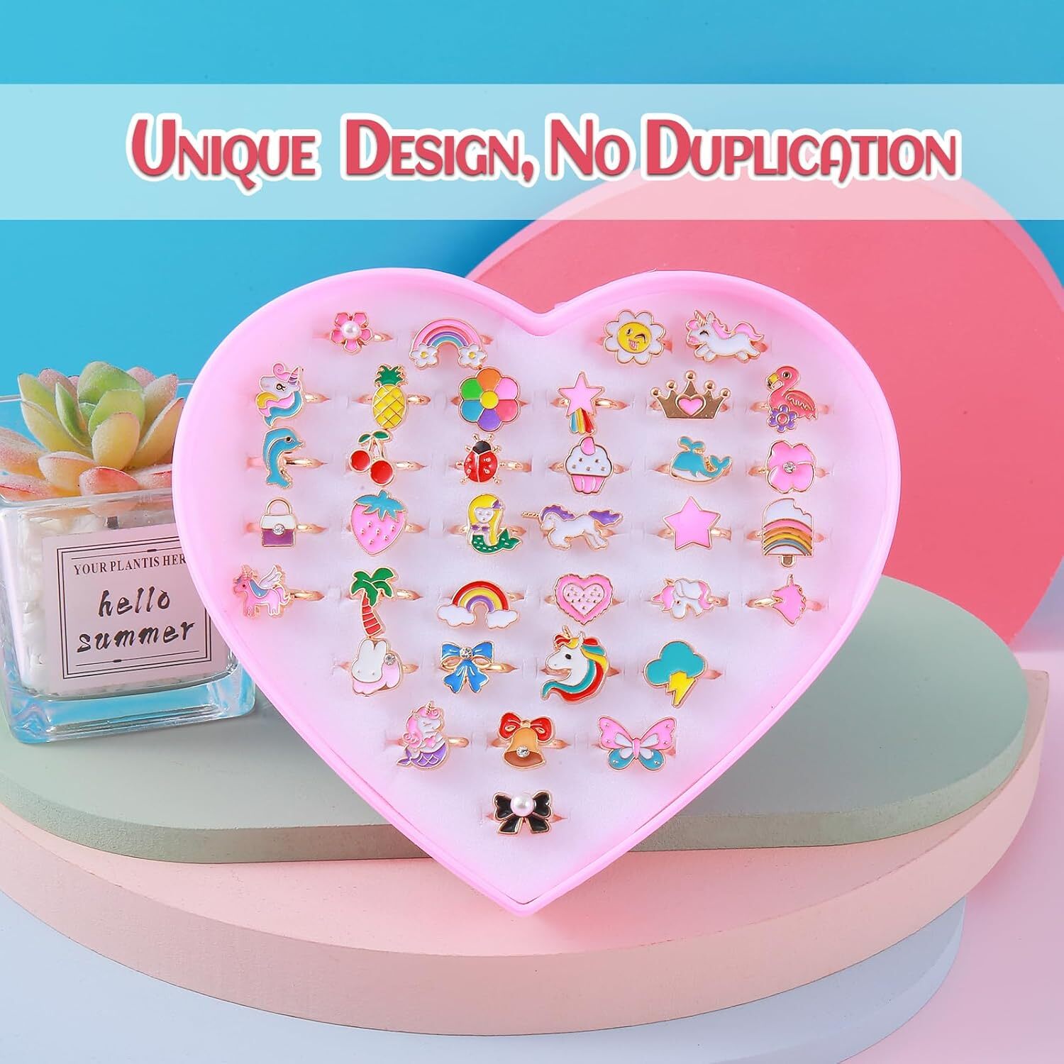 36Pcs Little Girl Jewel Rings, Adjustable Unicorn Rings Toys, No Duplication