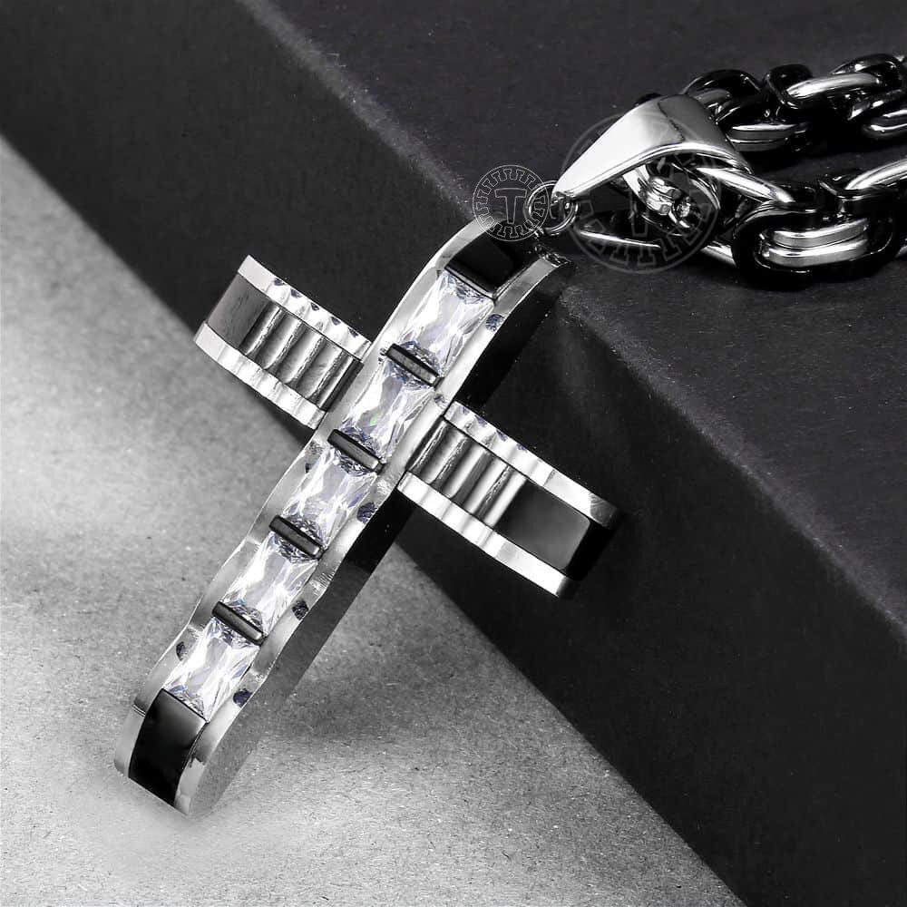 Black&Silver CZ Cross Necklace Pendant Stainless Steel Byzantine Chain 18″-30″
