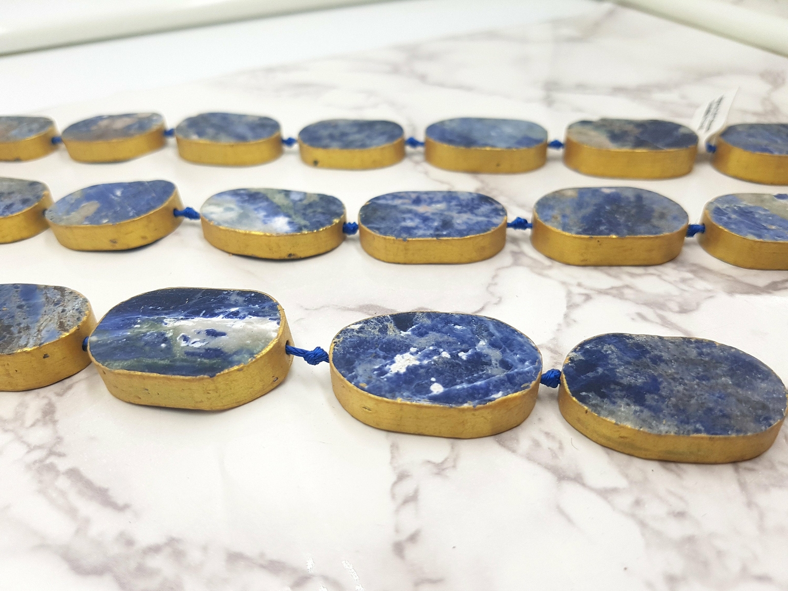 Sodalite Oval Bezel Slab Gold Leaf Edge Beads Approx 20x30mm 15.5″ Strand