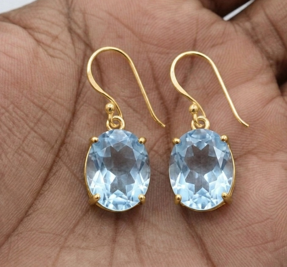 Natural Blue Topaz Drop Earrings December Birthstone Dainty Gold Silver Gift