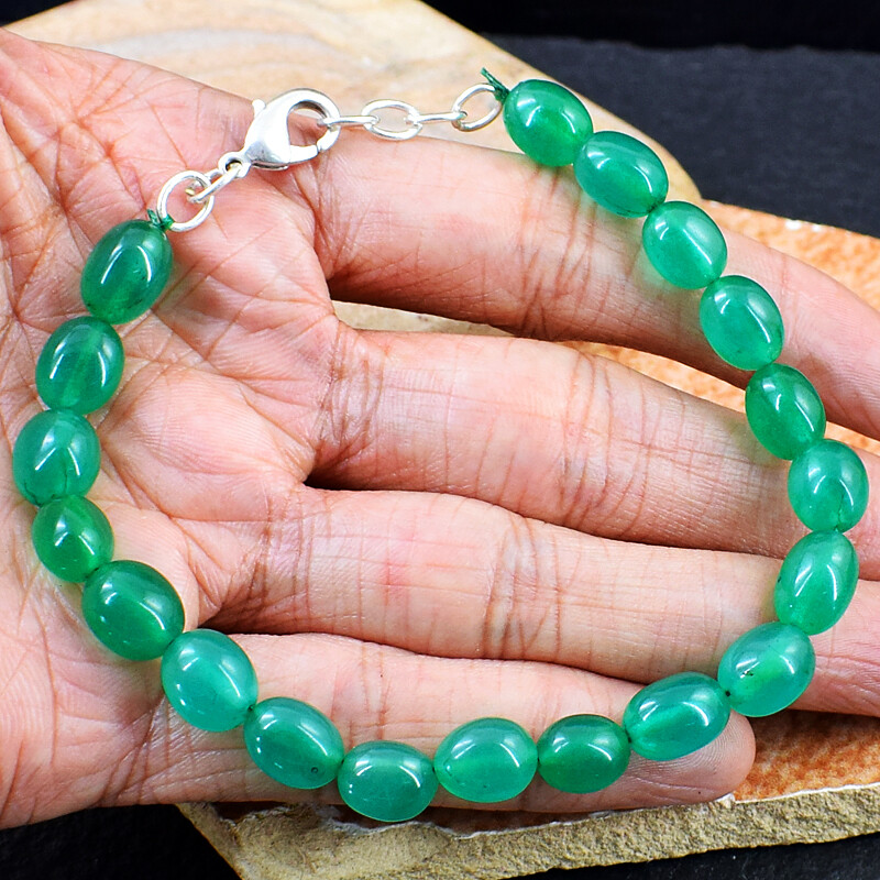 100.00 Cts Natural 7 Inches Long Oval Shape Green Jade Beads Bracelet NK 45E134