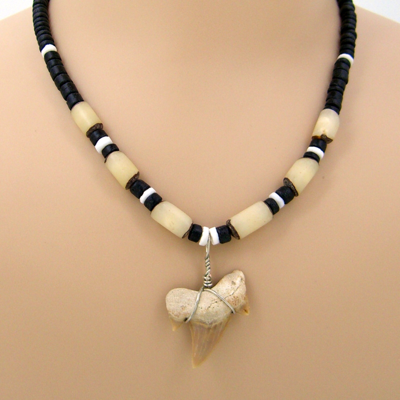 Fossil Shark XL Tooth Necklace 18″ 21″ 24″ Coconut Beads, Puka Shell, Buri 7027M