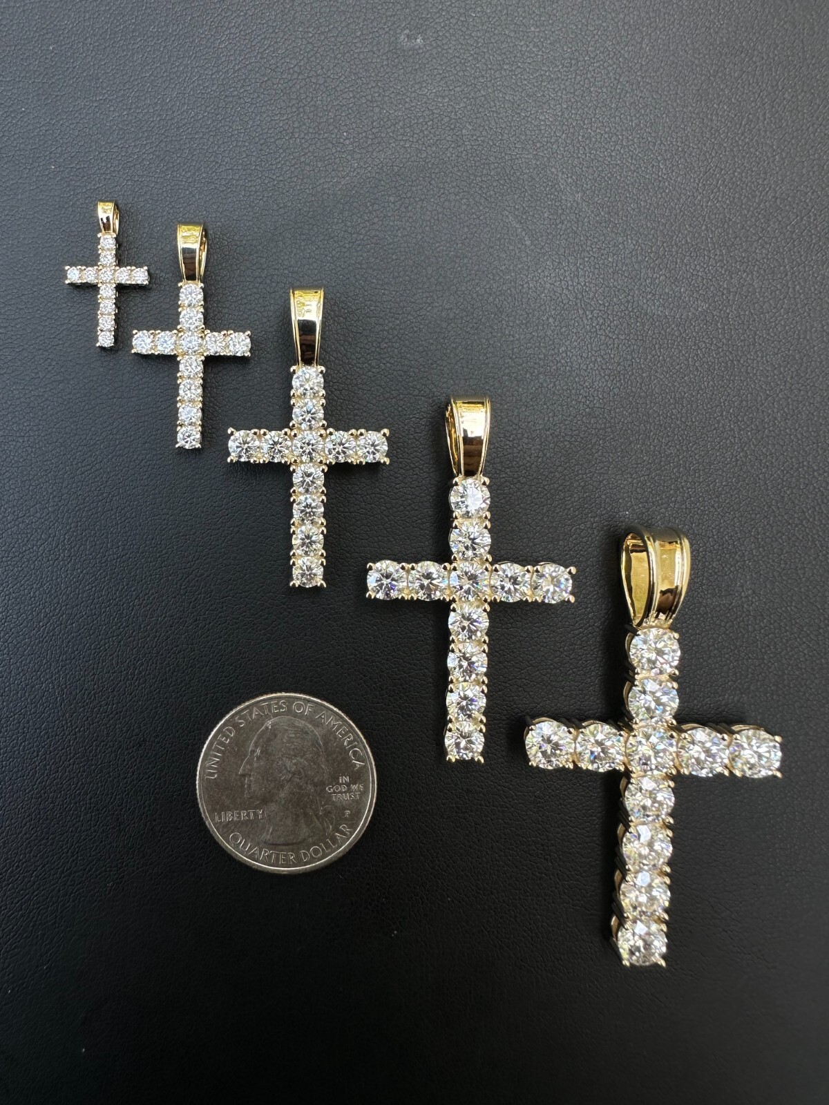 Real MOISSANITE Solid 10k Yellow Gold Iced Tennis Cross Pendant Necklace 5 Sizes
