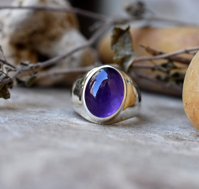 Solid 925 Sterling Silver AA Natural Purple Amethyst Gemstone Men’s Unisex Ring