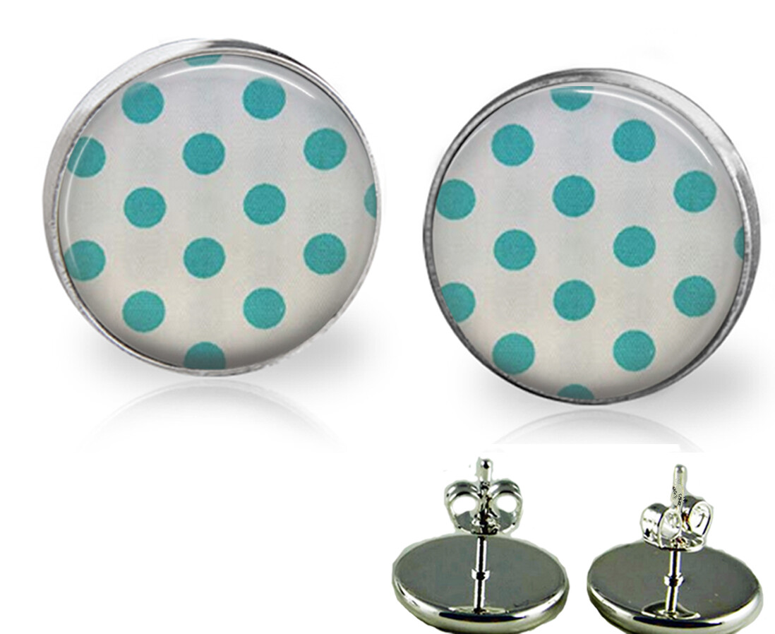 Polka Dots Glass Top Stud Earrings In 3 Sizes Handcrafted Photo Jewelry