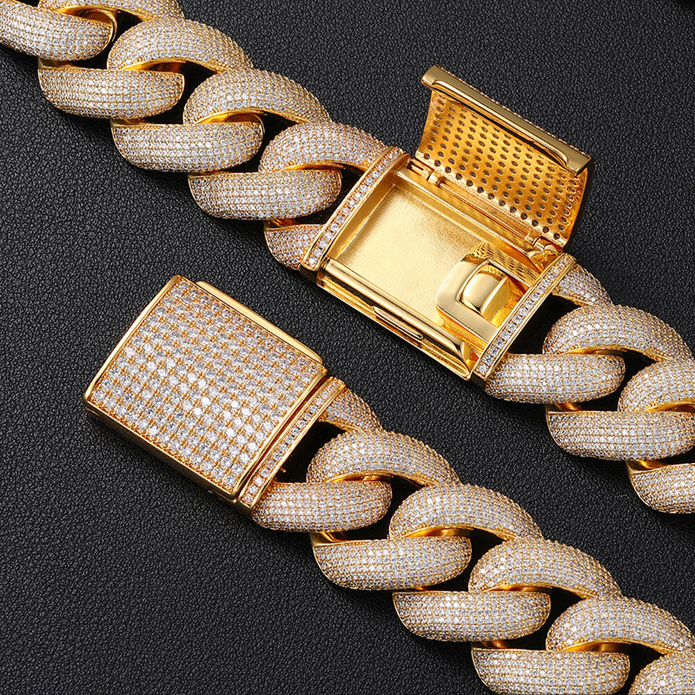 25mm Hip Hop Bubble Cuban Link Chain White CZ Stone 18K Real Gold Plated Jewelry