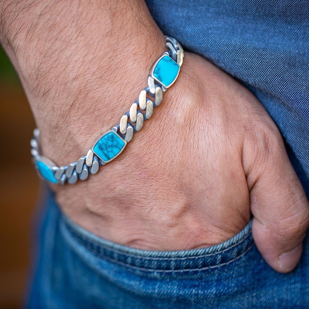 Men’s Turquoise Gemstone 925 Sterling Silver 10mm Curb Chain Link Bracelet