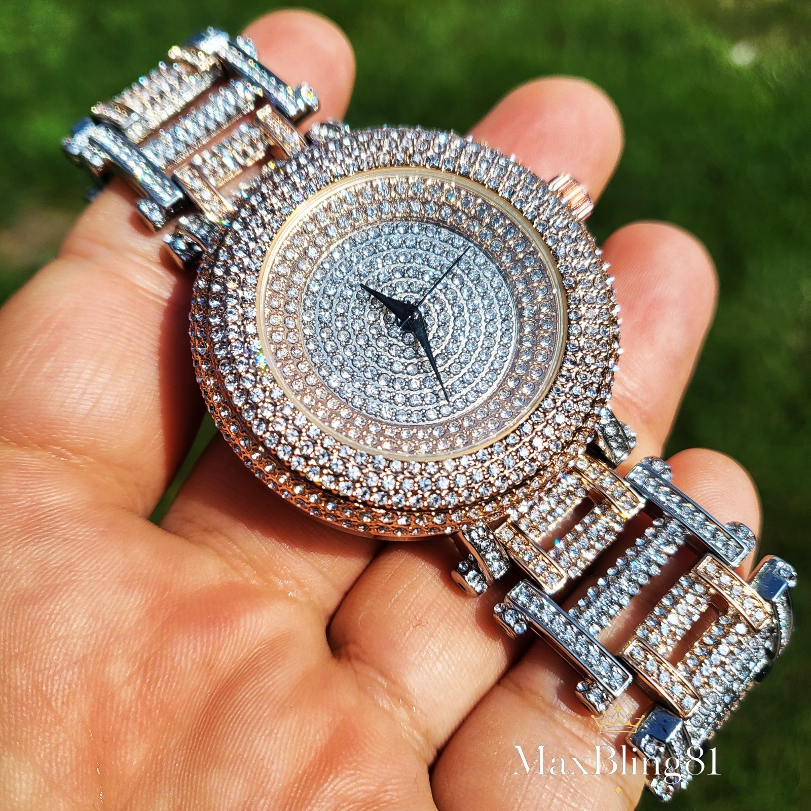 Men’s Hip Hop Iced Rose Gold / Silver Tone Bling Fashion Metal Band Watch Luxury