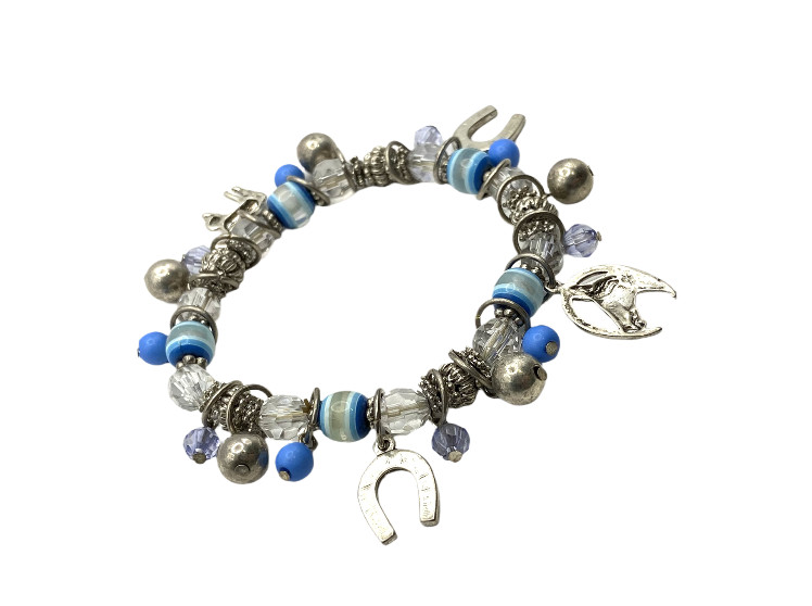 Blue-Clear Beaded Stretch Horse Horseshoe Charm Bracelet Silver Tone Equestrian
