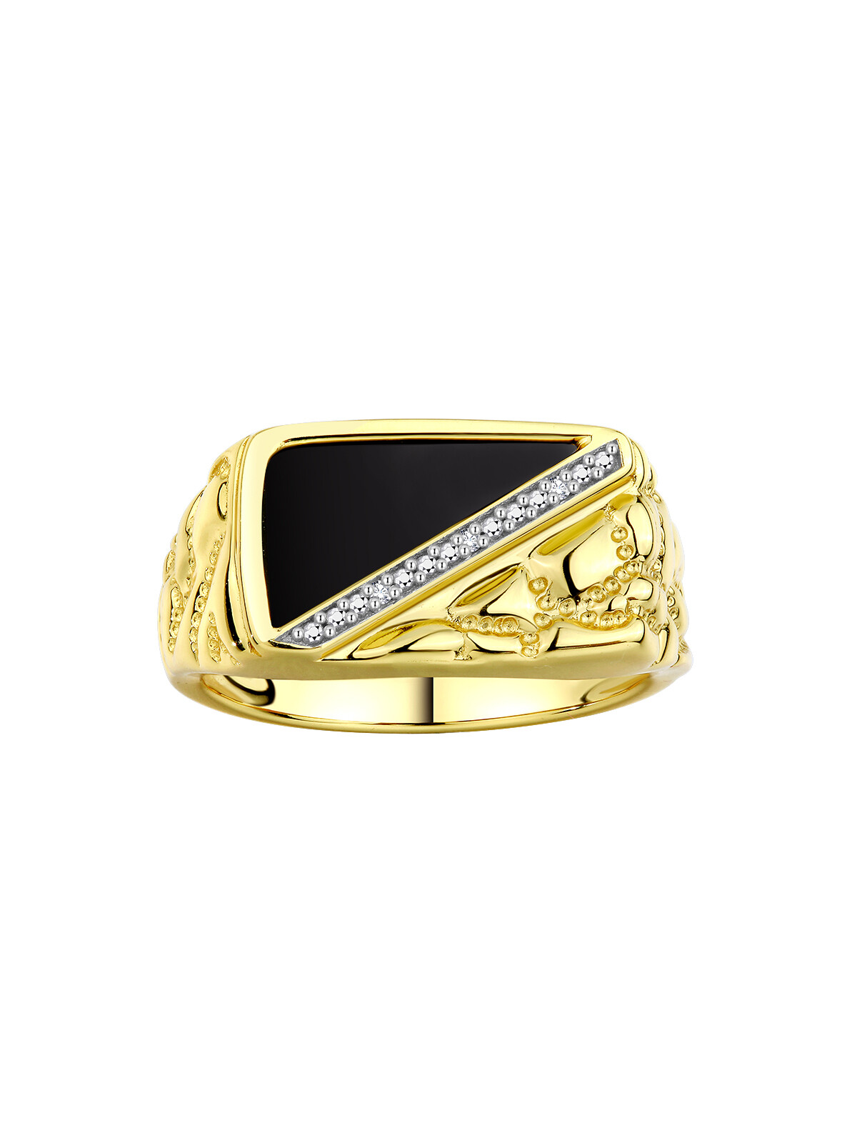 RYLOS Yellow Gold Plated Onyx & Diamond Ring, 1/2 Nugget Design, Sizes 6-13