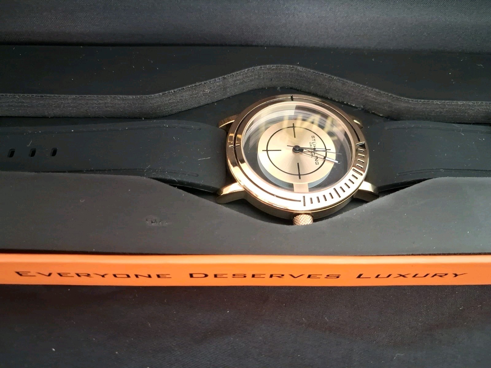 Stuhrling 3915 4 Aviator Quartz Semi Transparent Dial Black Rubber Mens Watch