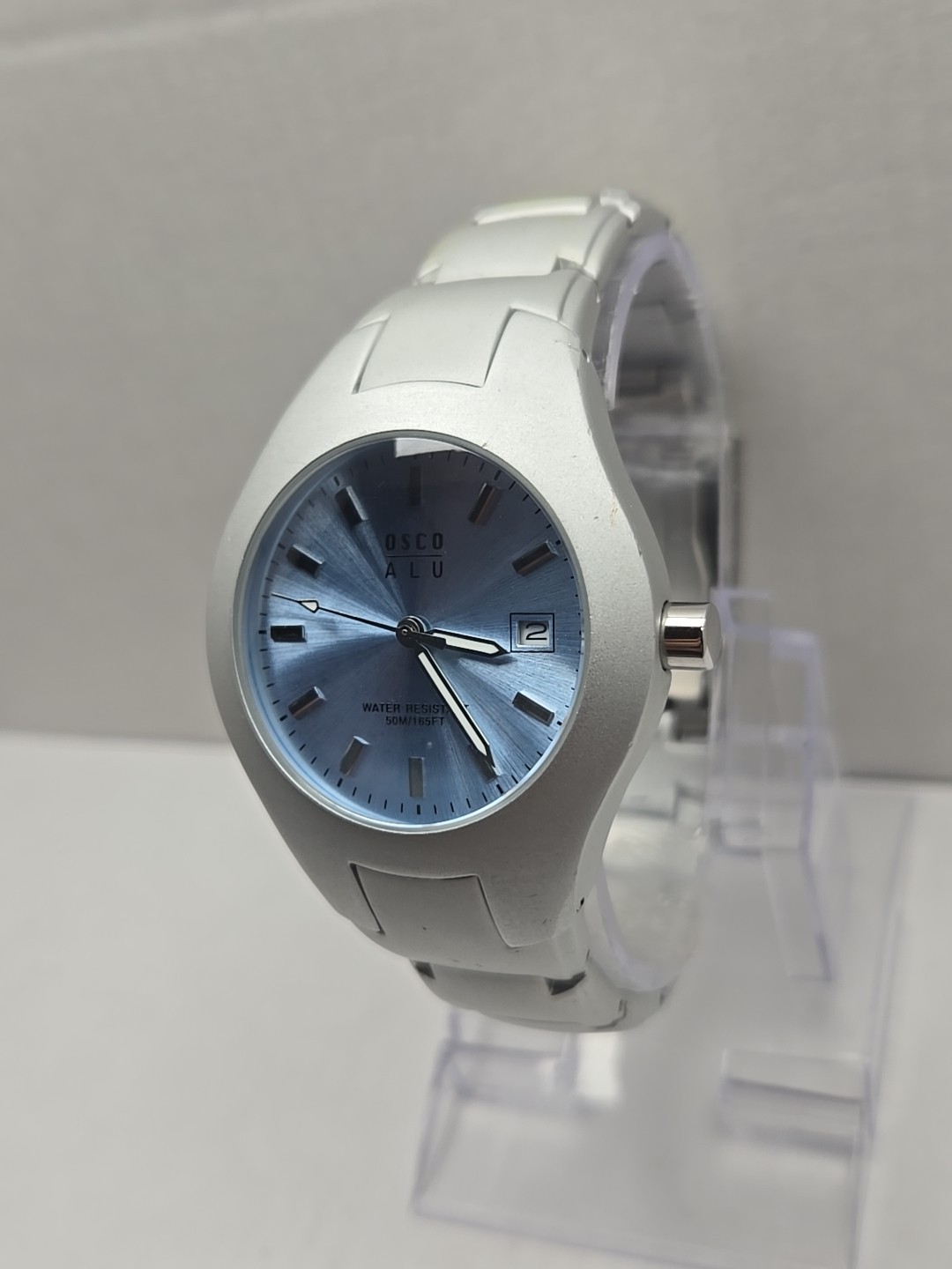 Osco ALU Quartz Watch Womens Blue Dial Date 50M165FT Water Resistant New Battery