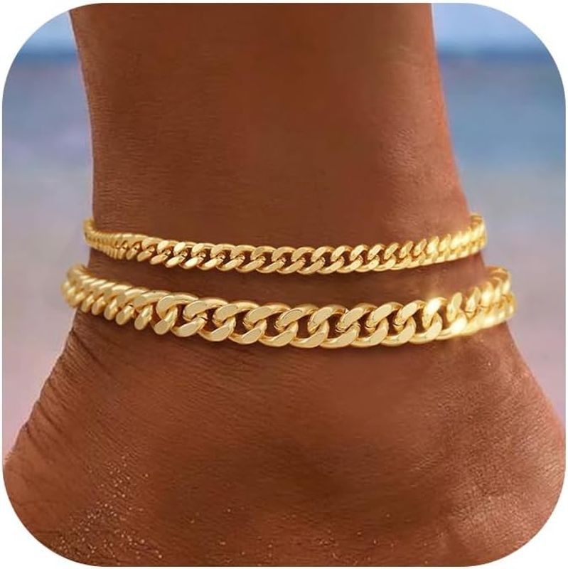 14K Gold Plated Stackable Chunky Cuban Link Chian Anklet Bracelet Set for Women