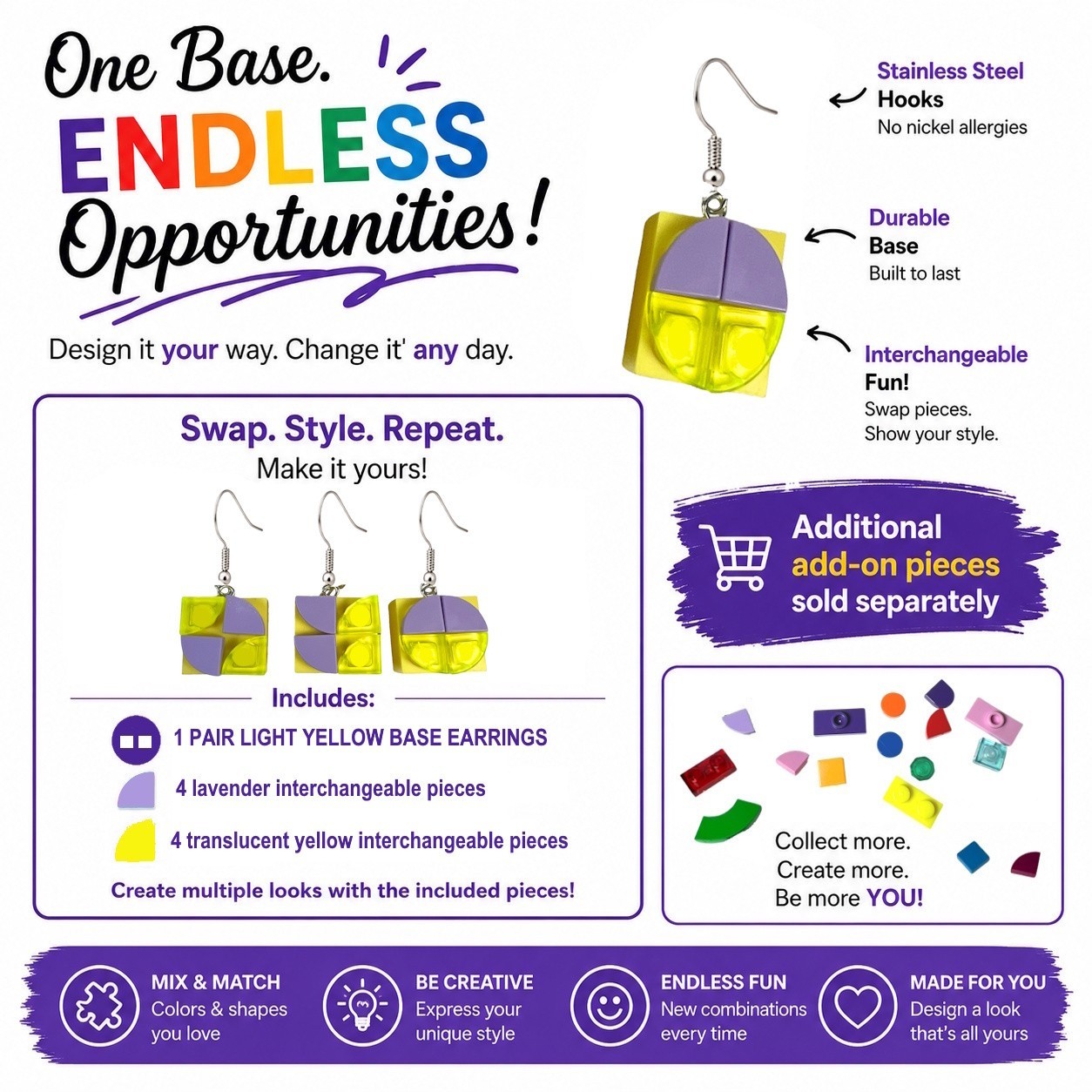 Interchangeable Building Brick Earrings, Yellow Base w/ Lavender & Yellow Pieces