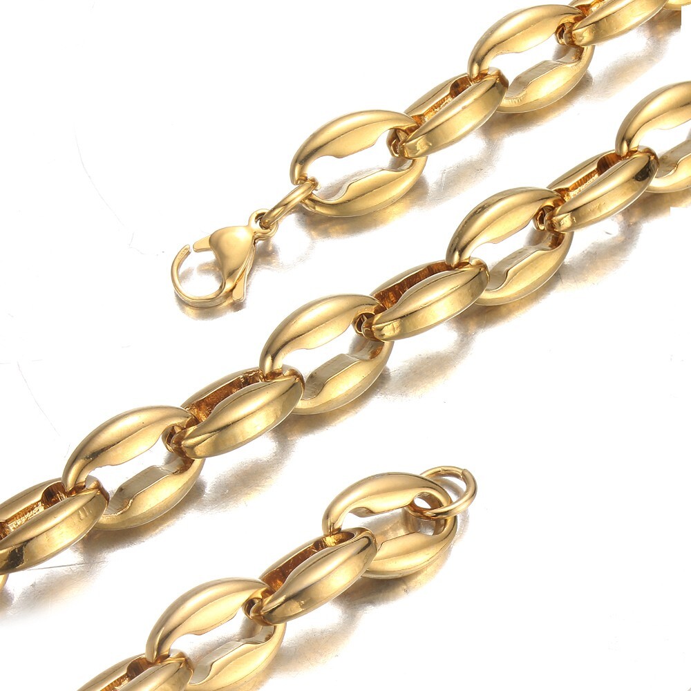 Women Men 6.5/7.5/10/12mm Gold Tone Stainless Steel Coffee Beads Chain Necklace