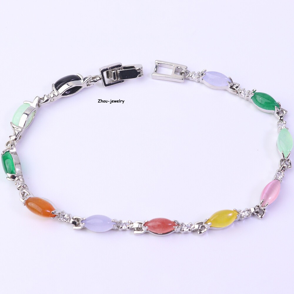 Real 18K Yellow GP Multi Color Chalcedony Chain 4.5mm Oval Beads Bracelet 7.2in