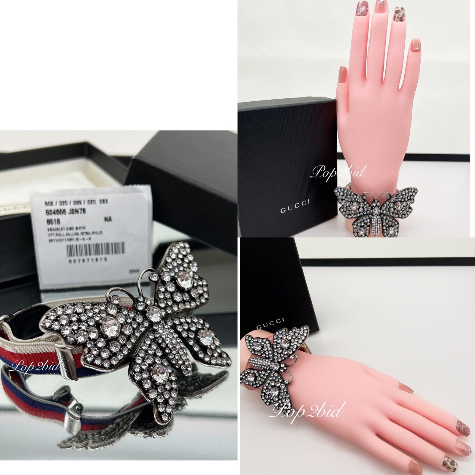NWT 100% Authentic GUCCI Crystal Butterfly Web Strap Adjustable Bracelet