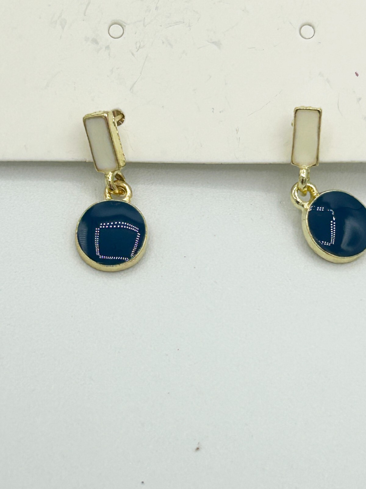 Enamel Pendant Earrings Contrast Color Blue/White/Gold, 1.75-Inch Drop