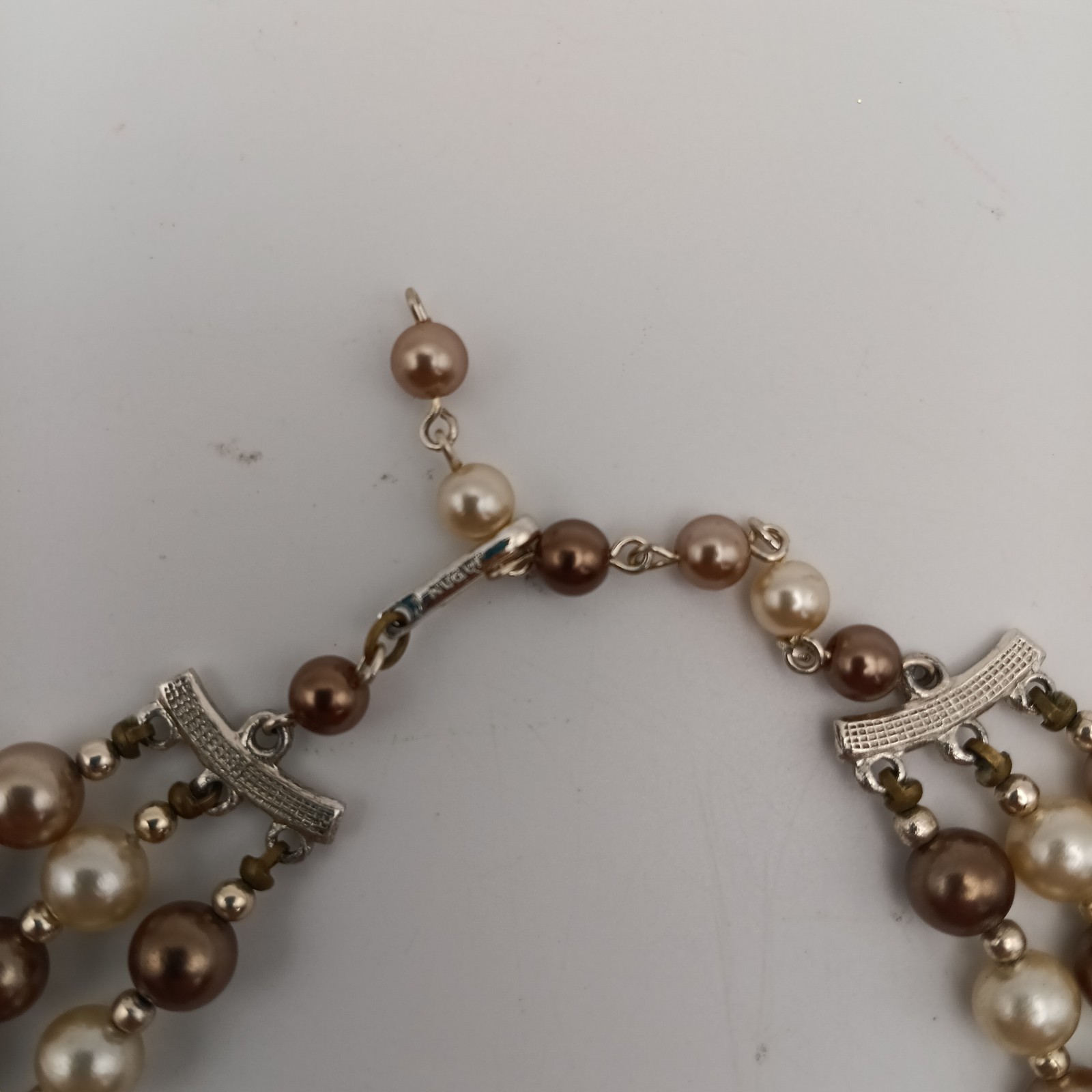 Vintage 3 Strand Faux Pearl Necklace Amber Glass Beads Japan Signed Mid Century