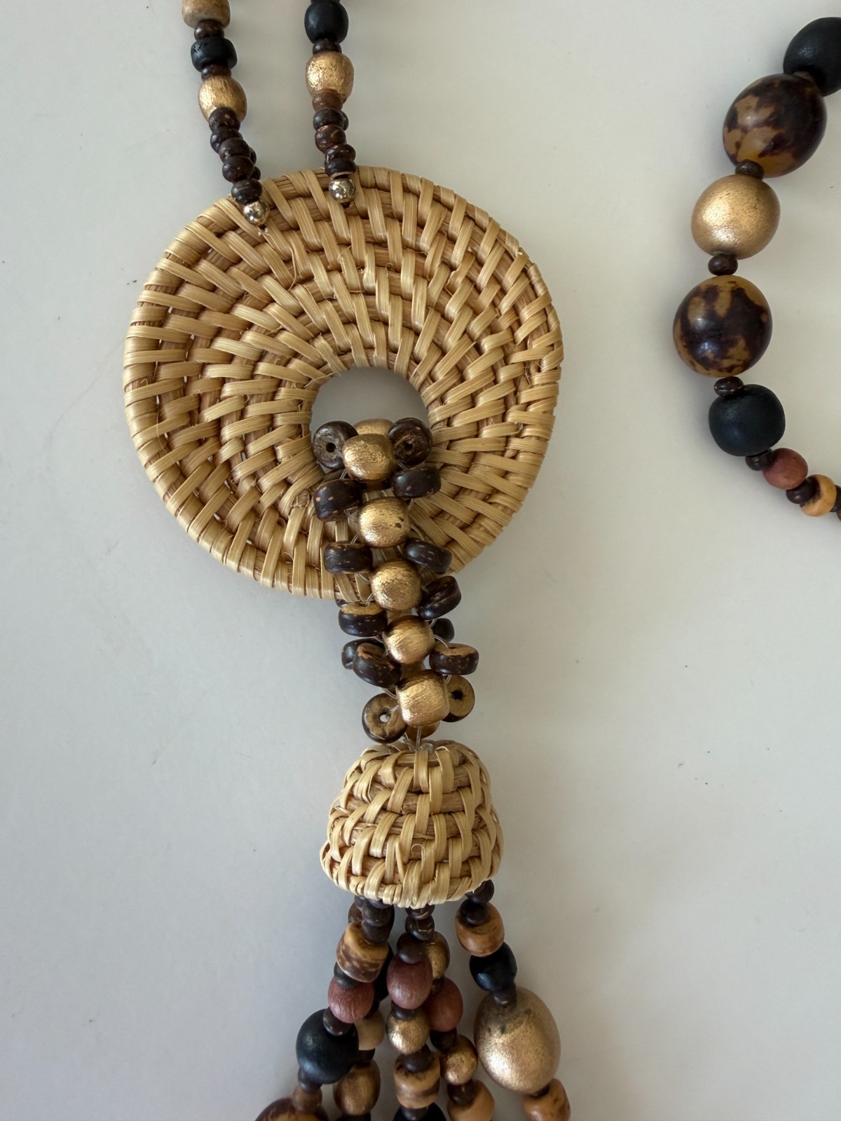 Vtg Wood Beaded Pendant Necklace, 80’s – 90’s, 36″ beaded chain w 7″ Pendant