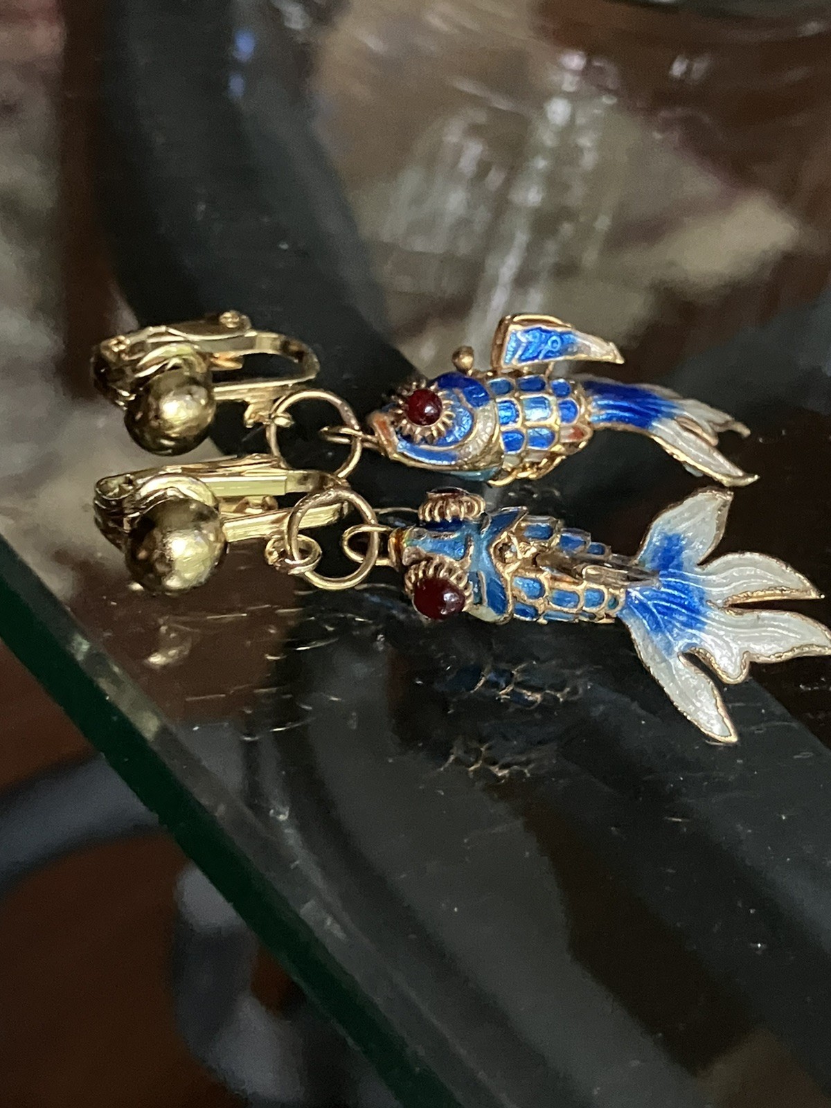 Vintage Articulated Koi Fish Clip On Earrings Blue and Gold Cloisonné Enamel