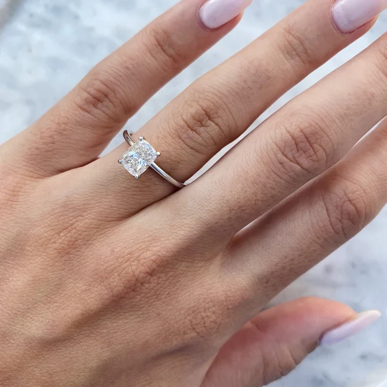 Birthday Solitaire Natural Diamond Ring 14K White Gold 1.50Ct Cushion Cut UGL