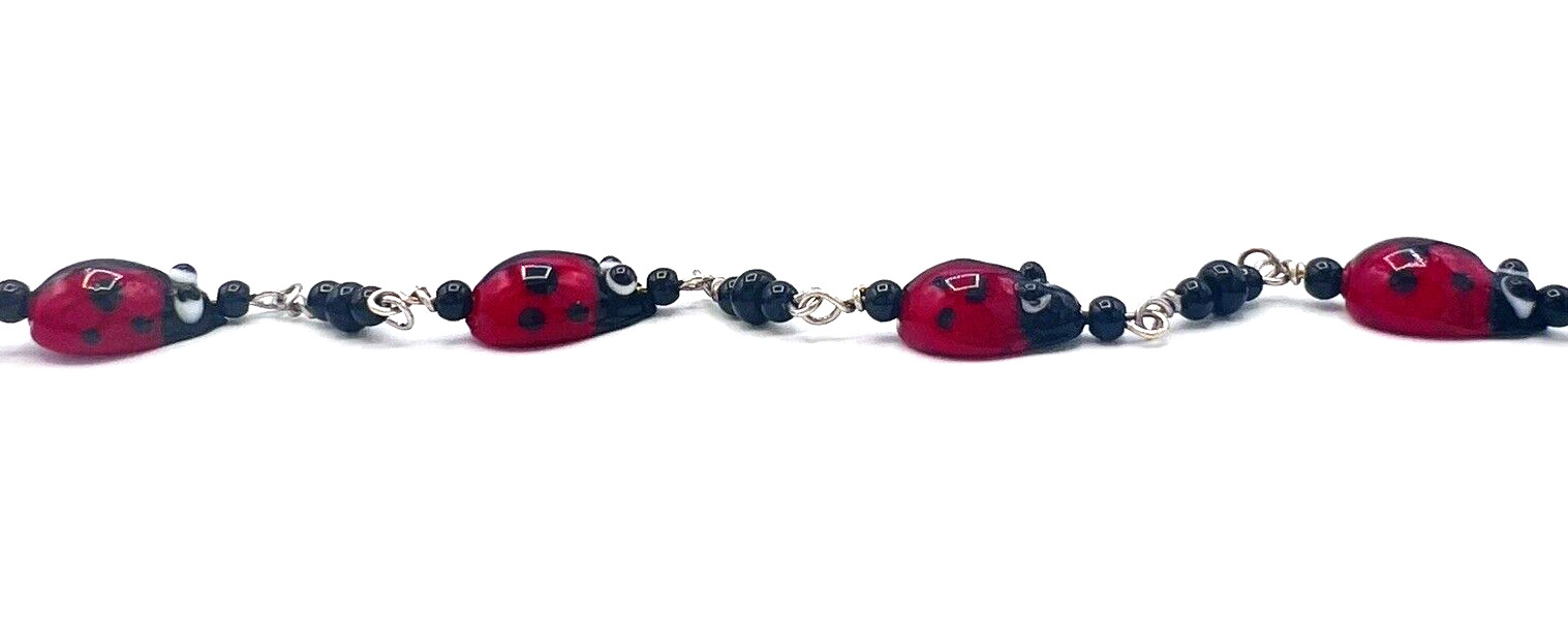 Glass Bead Red Black Ladybug Bracelet Heart Toggle Clasp 8.25 in