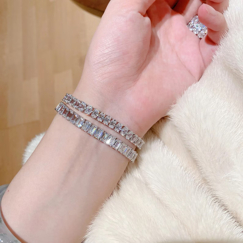 Classic 6x4mm Emerald Cut DEF Moissanite Tennis Bracelet 14K White Gold Plated