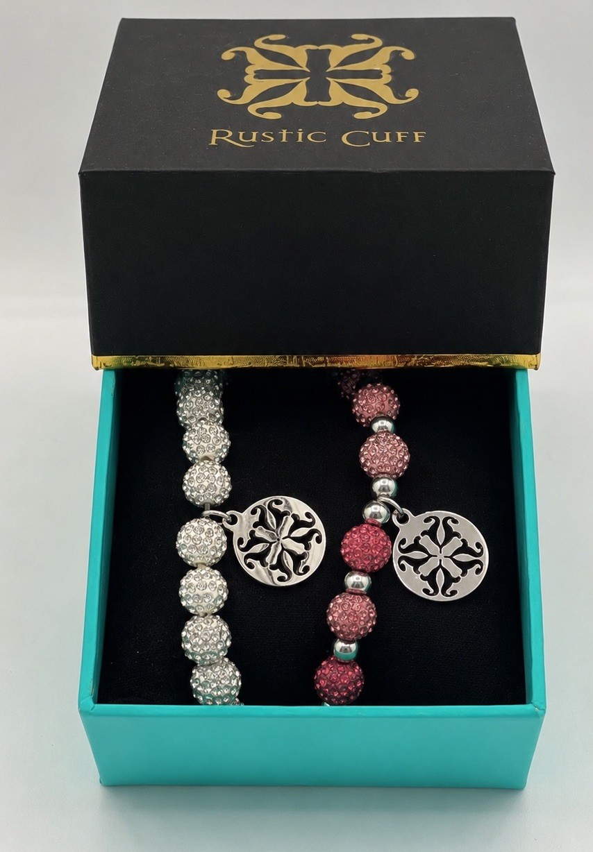 Rustic Cuff Bracelet Duo Pink Clear Crystal Pave Ball Stretch Set Gift Box