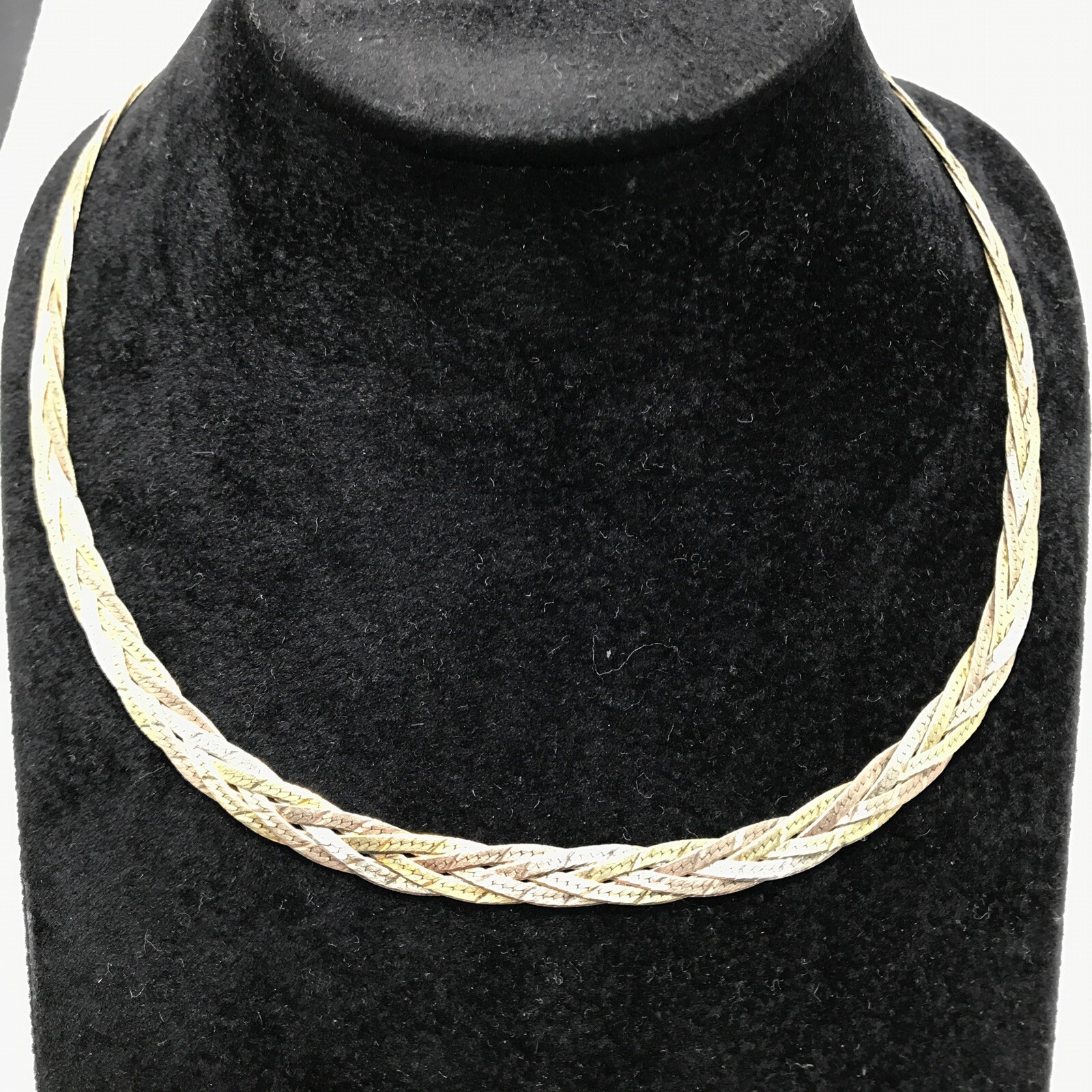 Vintage ITALY 925 Sterling Silver Tri-Color Braided Herringbone Necklace 18″