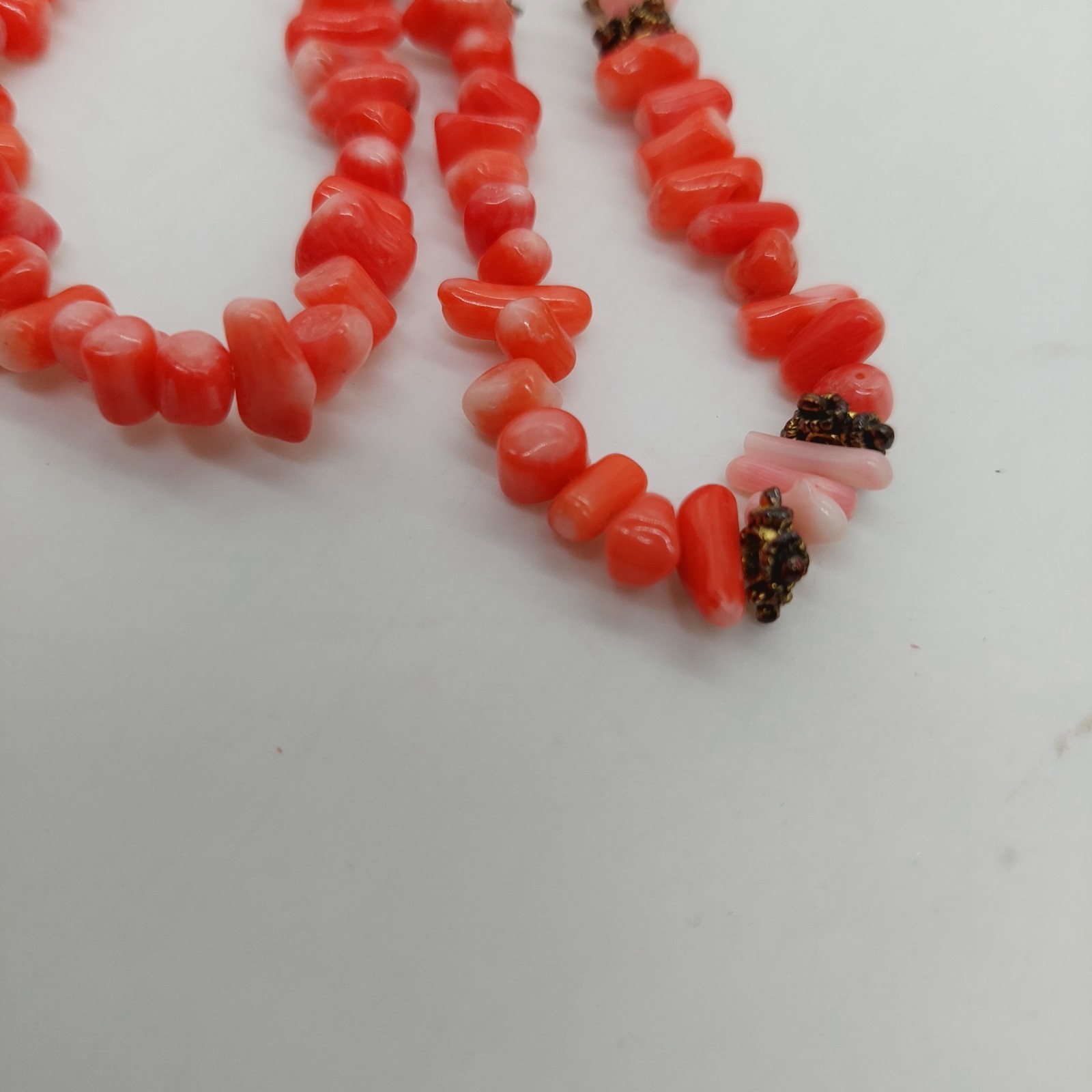Red Coral Chip Stretch bracelet Set Of 2 Metal Plastic Beads Stones