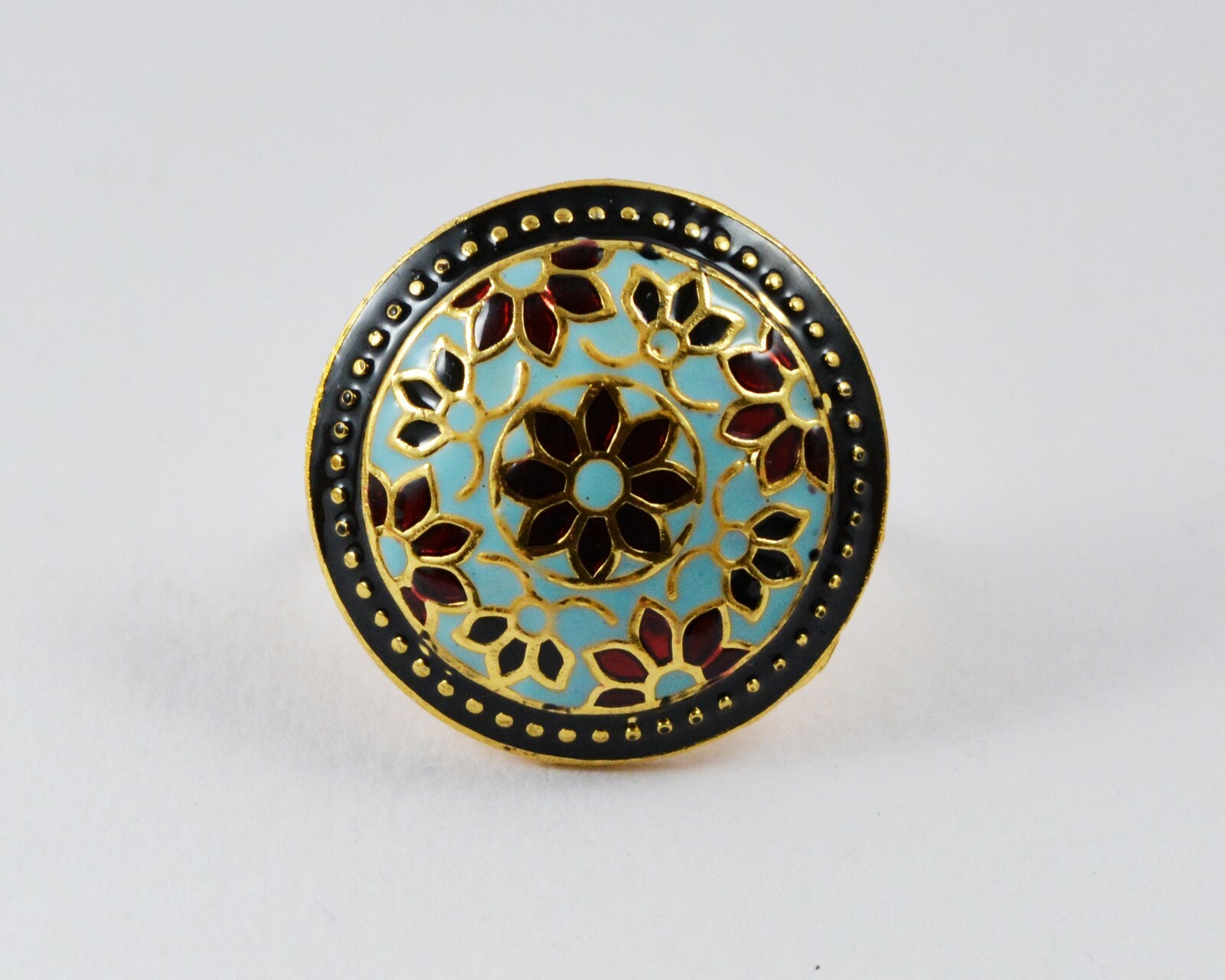 Sea Blue Handmade Meenakari Work Finger Ring, Hand Painted Enamel Boho Ring