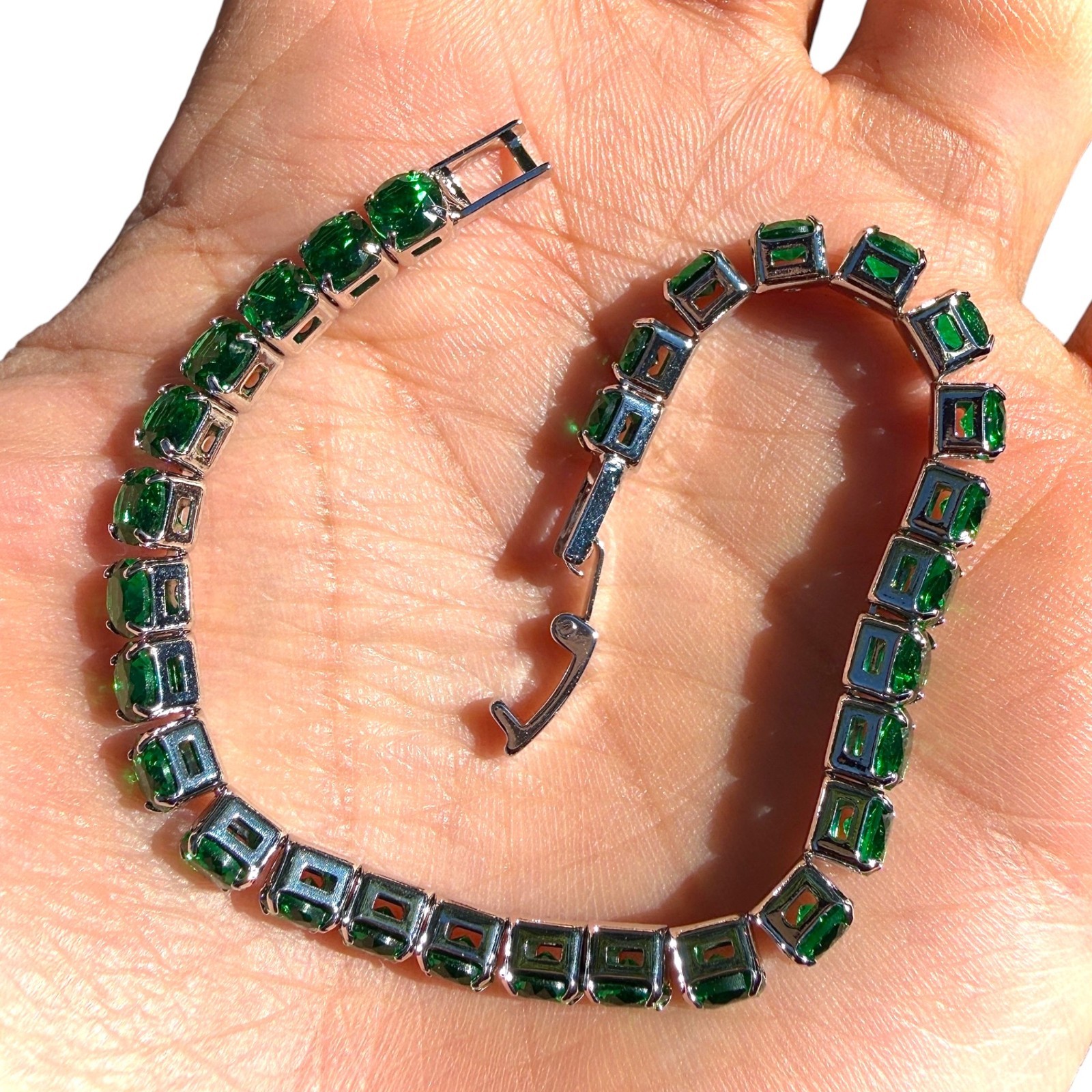 Tennis Bracelet Green Zircon 6.7in 7.5in Silver Plated Dainty