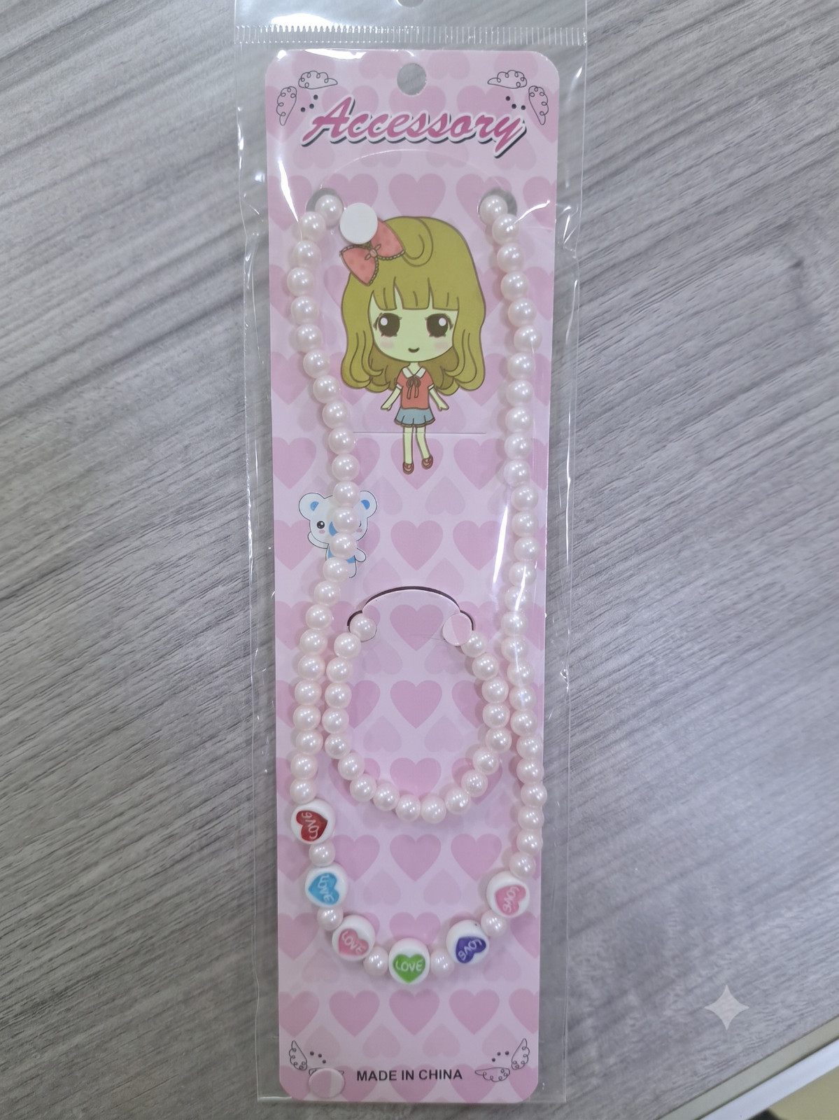 NWT Chibi Anime Girl Faux Pearl Necklace & Bracelet Jewelry Set – Cute, Pink Hea