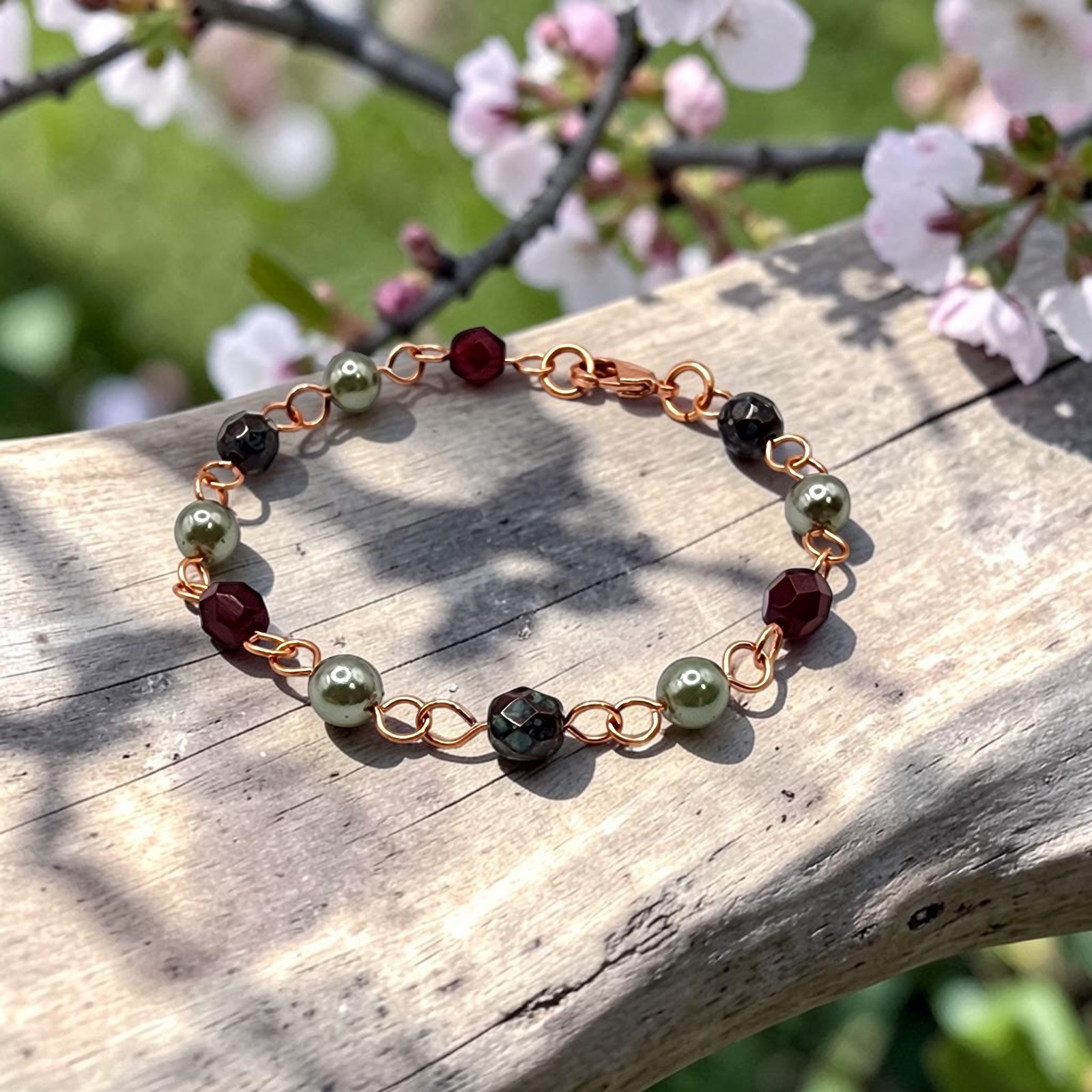 Handcrafted Copper Chain Bracelet with Czech Garnet, Sage Green and Burgundy Red