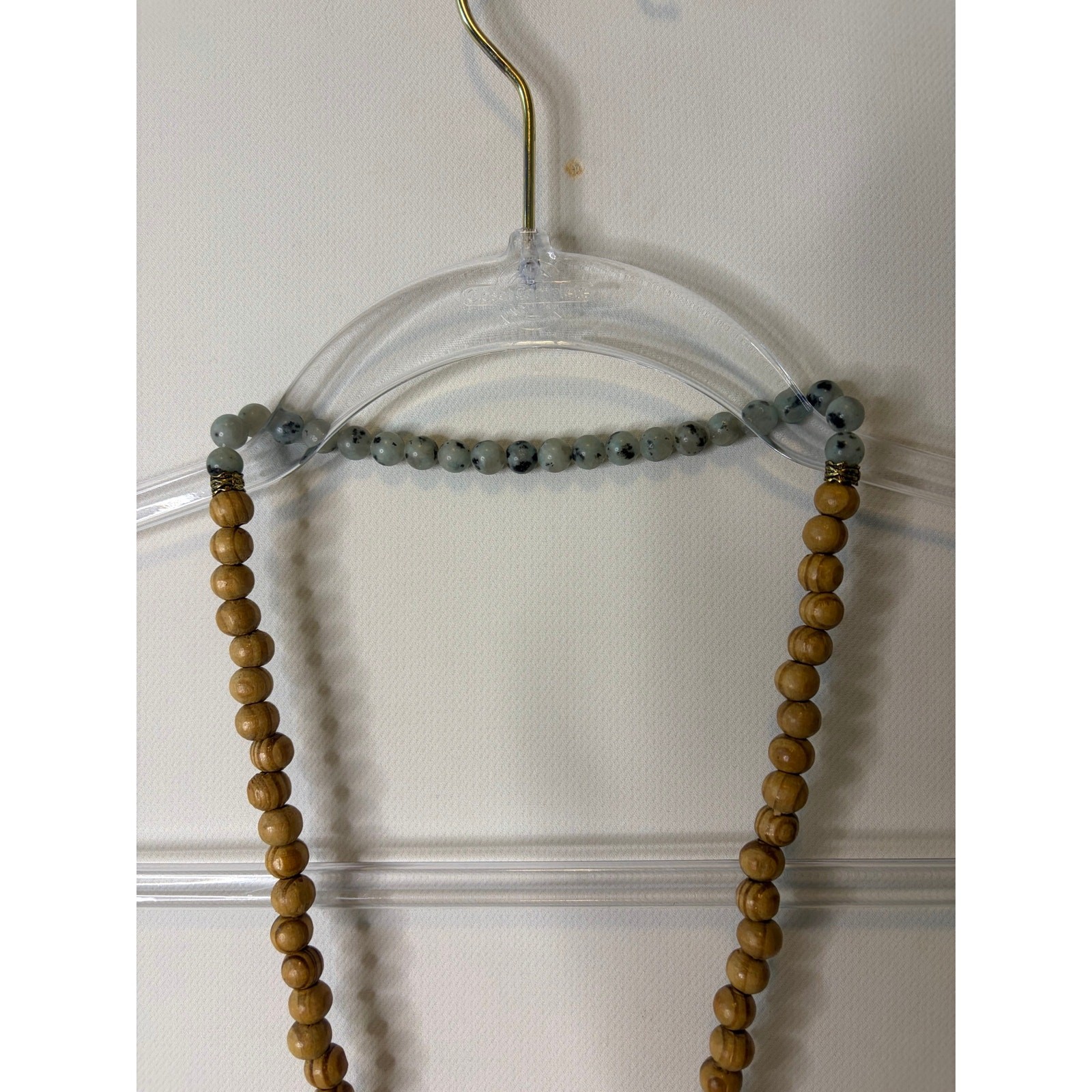 Boho Blue Stone and Wood Beaded Necklace Drusy Resin Horn 30in Long Statement
