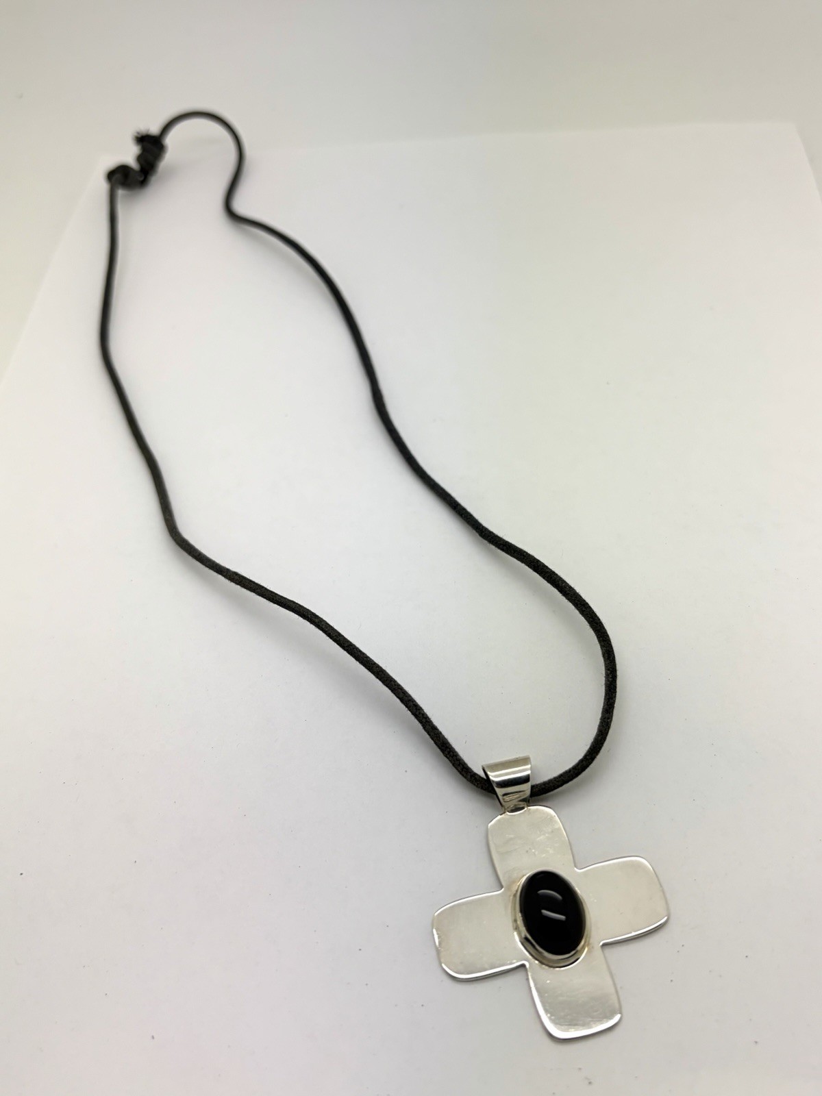 AM Sterling Silver Santa FE 1.5” Cross Pendant Adjustable Blk. Cord Necklace