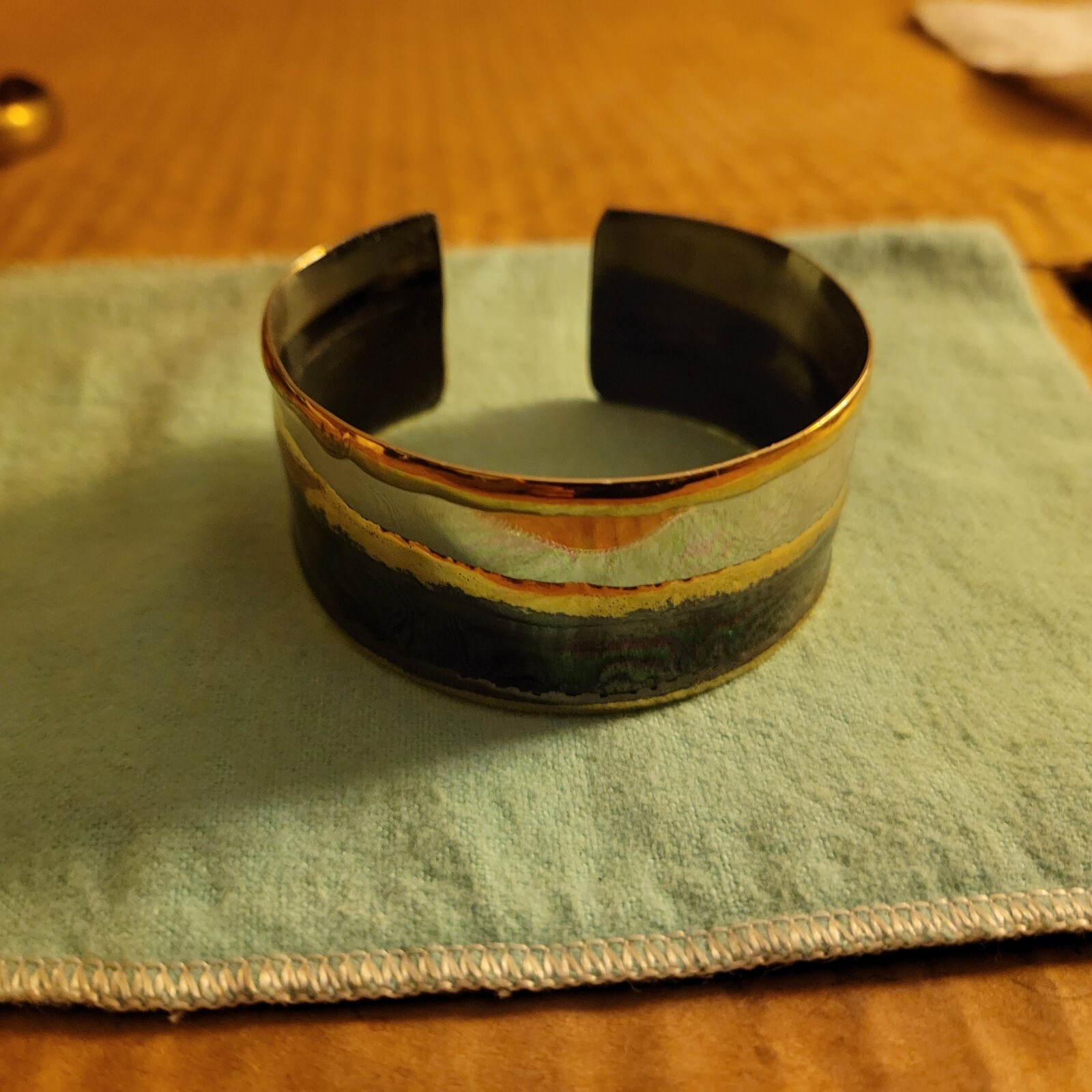 Abstract Gold Silver Black Tri-Color Cuff Bracelet