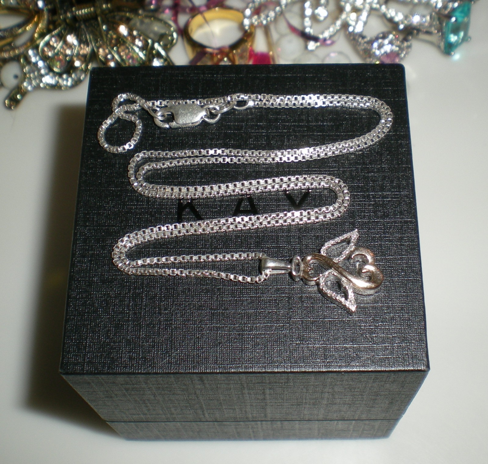 Jane Seymour Open Hearts 1/20ct SS 10K Rose Gold ANGEL Diamond Necklace KAY BOX