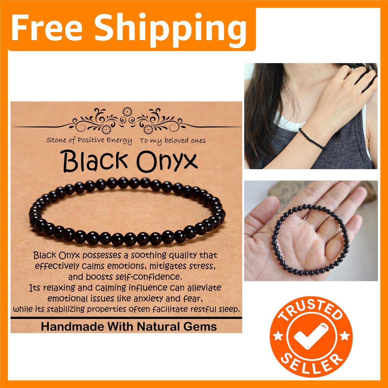 Healing Gemstone Bracelet, 4mm Black Onyx – Ideal Gift for Emotional Stability