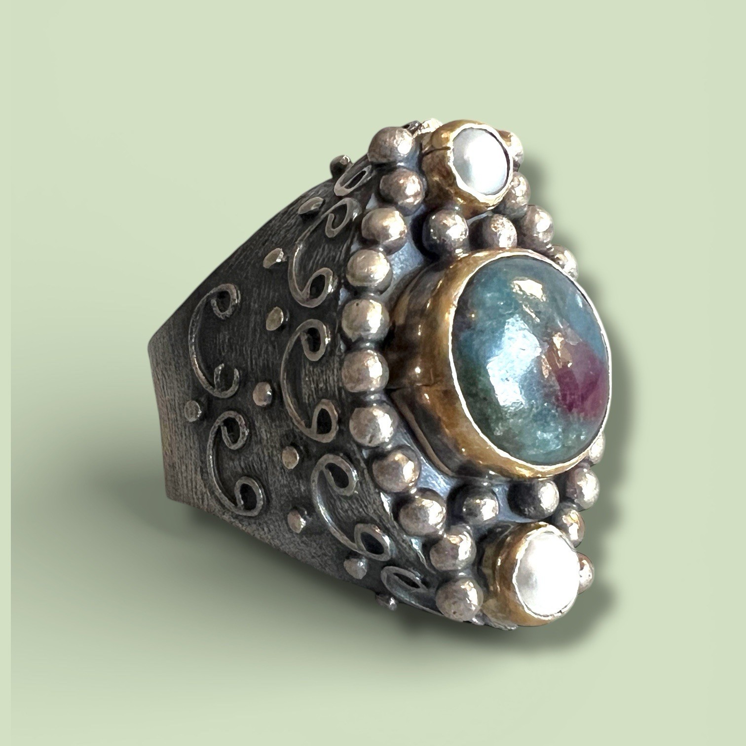 Bali 925 Sterling & 22K Gold Watermelon Tourmaline Moonstone Artisan Ring Sz 7