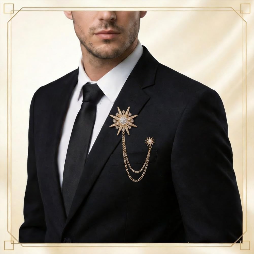 Crystal Men’s Crown Star Hanging Chain Brooch Suit Pin with Crystal Chains and