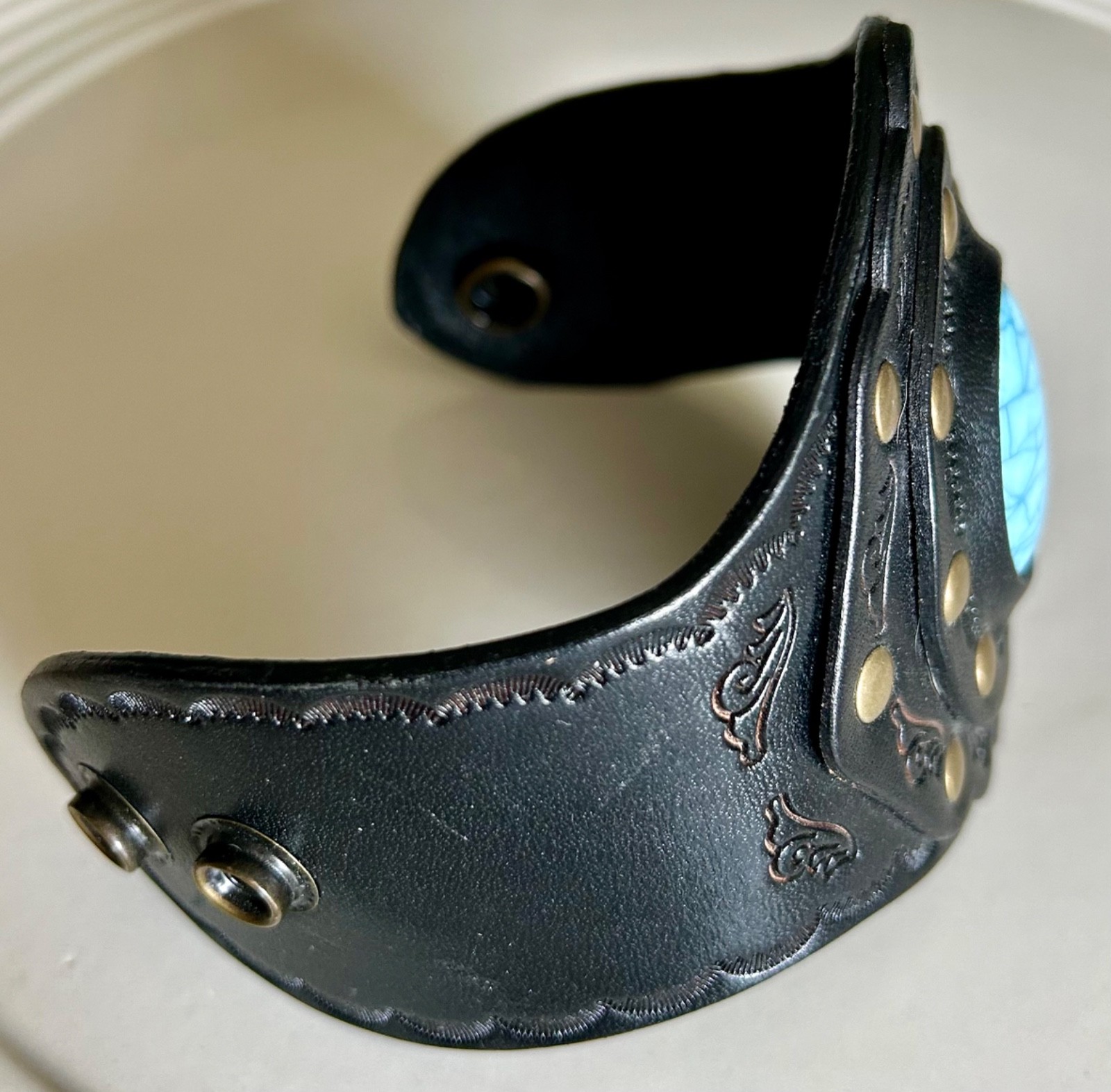 Three Bird Nest Cuff Tooled Leather Brass and Turquoise Bracelet Adjustable Snap