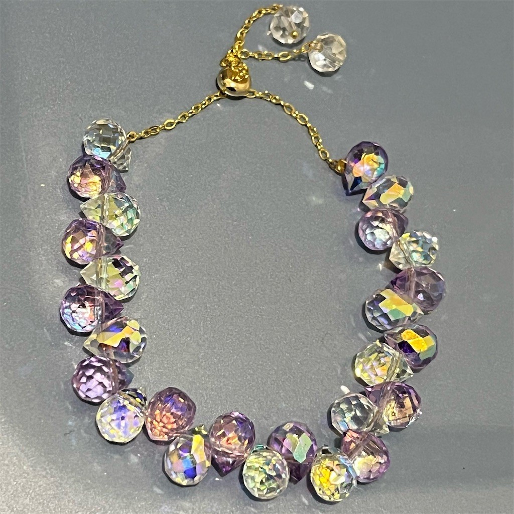 Adjustable Slider Glass Bracelet Purple Faceted Crystal Teardrop Gift Evening
