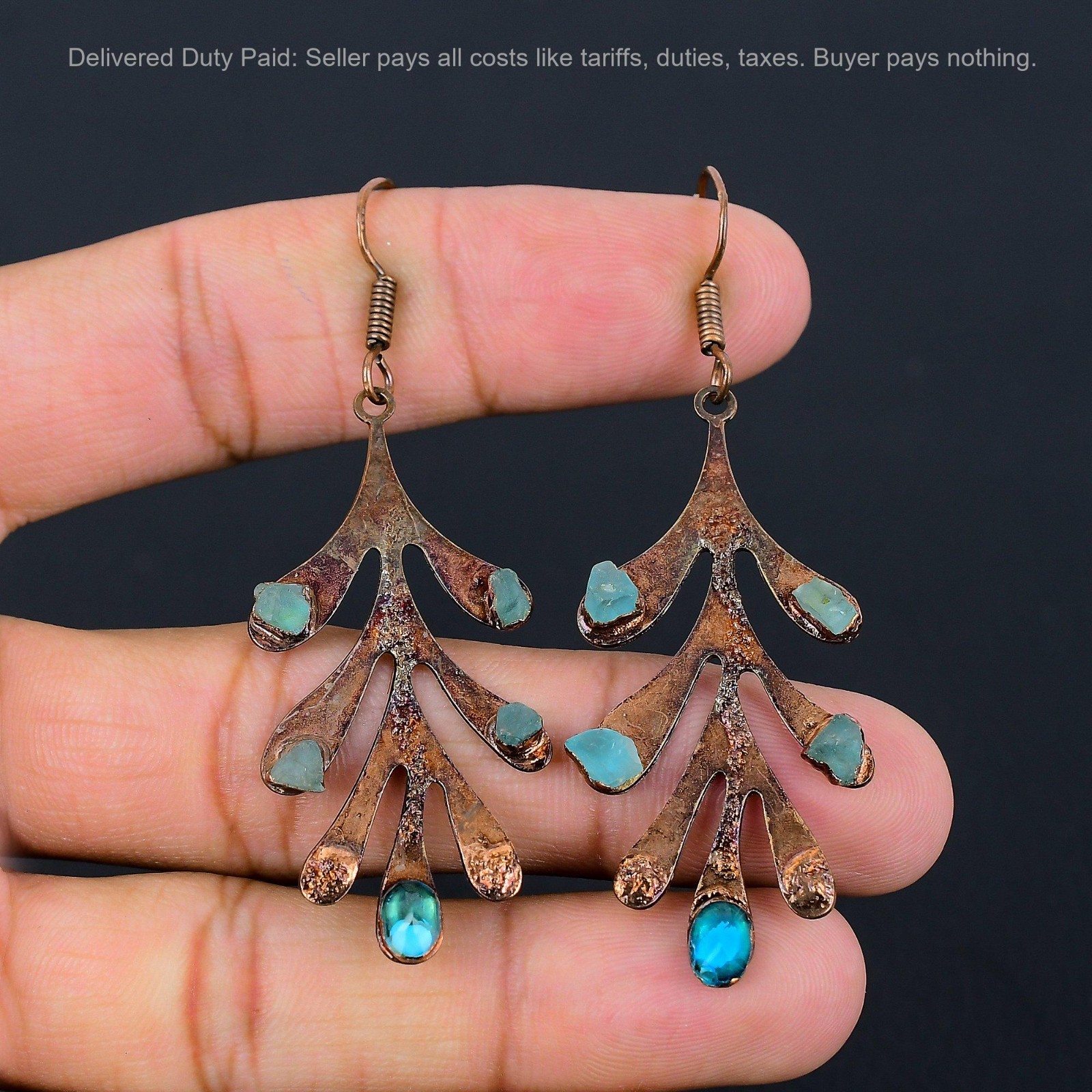 Copper Natural Neon Apatite Dangle Drop Trendy Electroformed Artisan Earrings