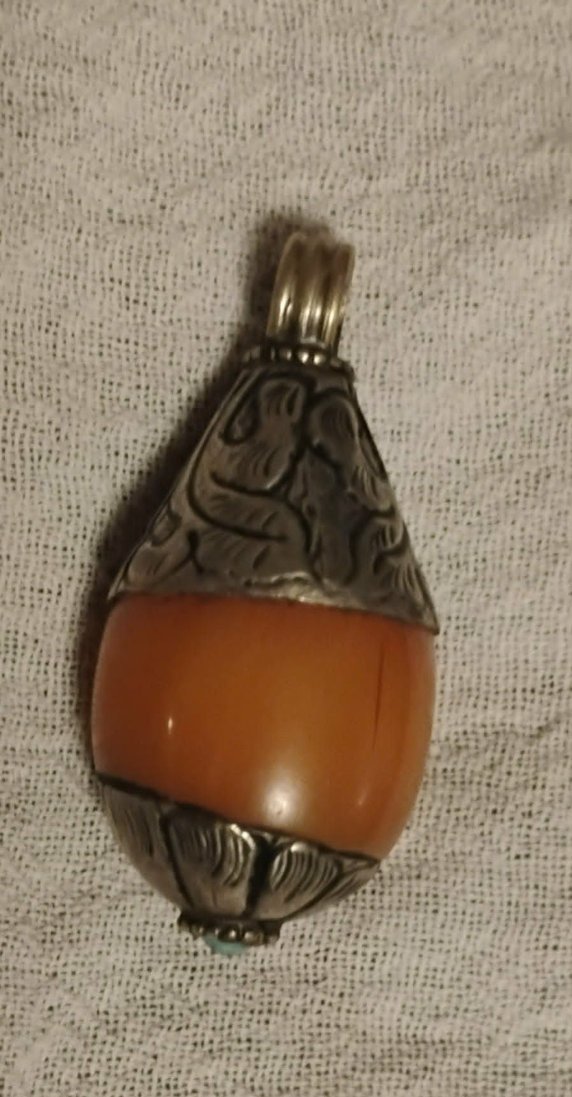 Large Vintage Tibetan Baltic Amber w/ Ornate Silver and Turquoise Pendant