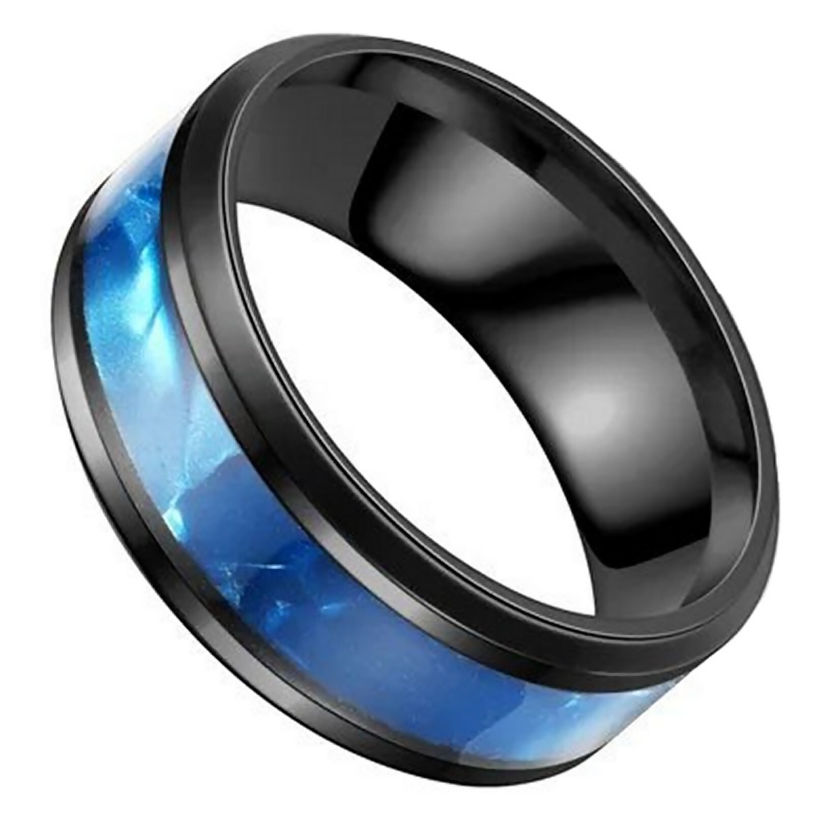 Synthetic Blue Topaz Ring Black Stainless Steel Azure Wedding Band Mens Womens