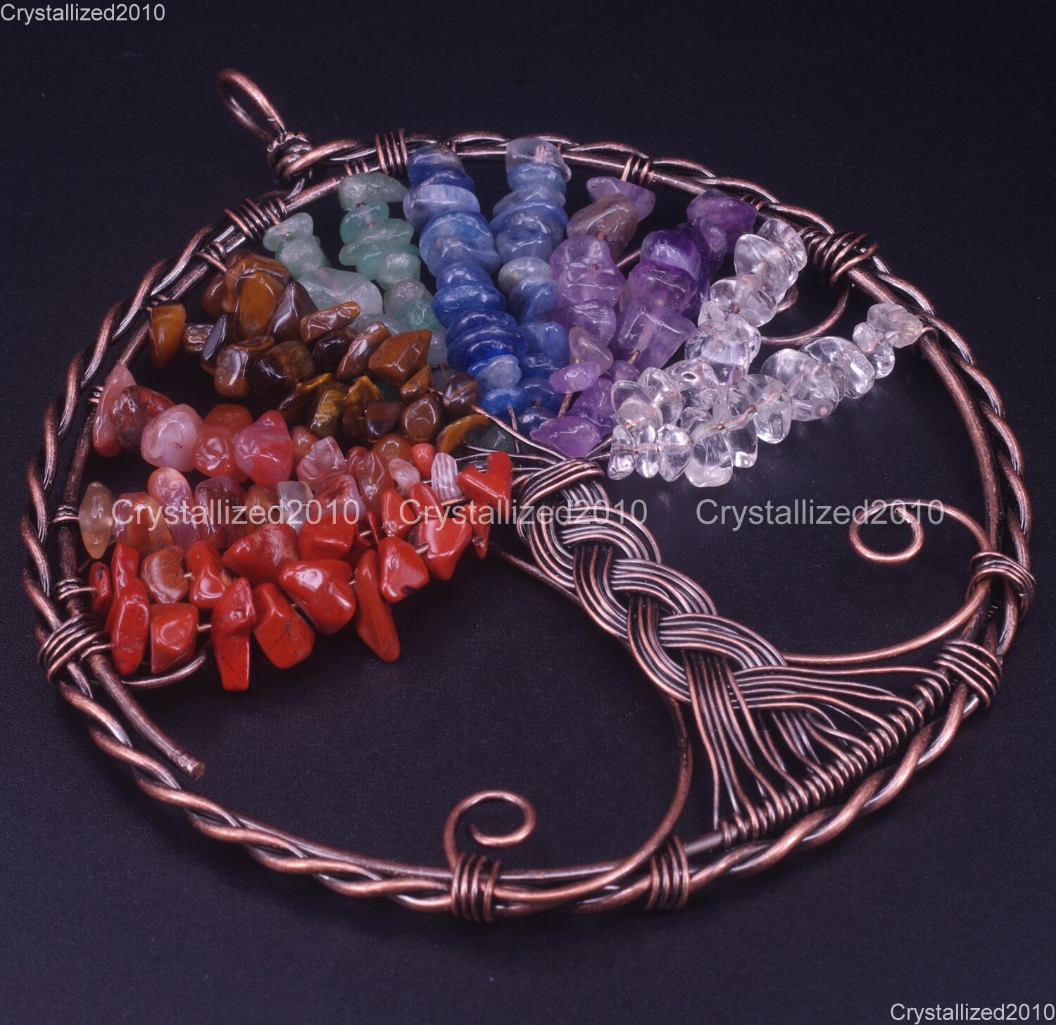 Natural Gemstone Big Round Handmade Wire Wrap Life Tree Healing Pendant Copper