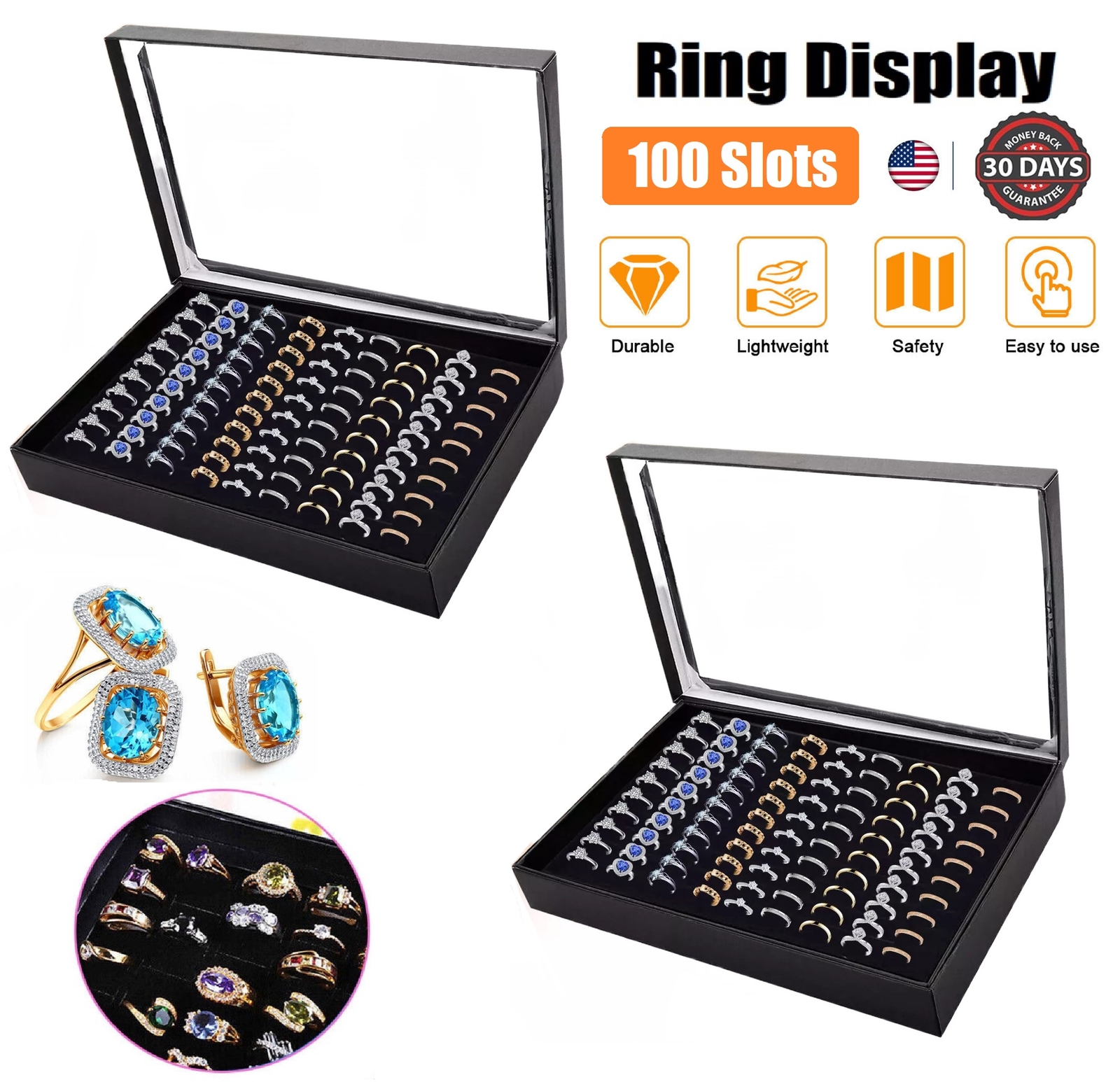 2× Jewelry 100 Slots Ring Display Organizer Tray Holder Earrings Storage Case US