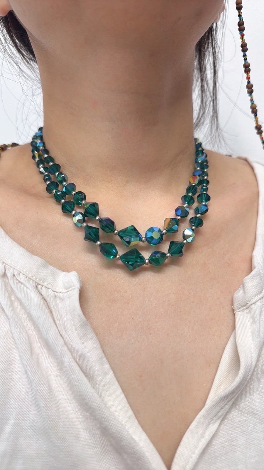 VNTG Czech Bi-color Blue Green Cut Faceted Glass Bead Double Strand 20”Necklace